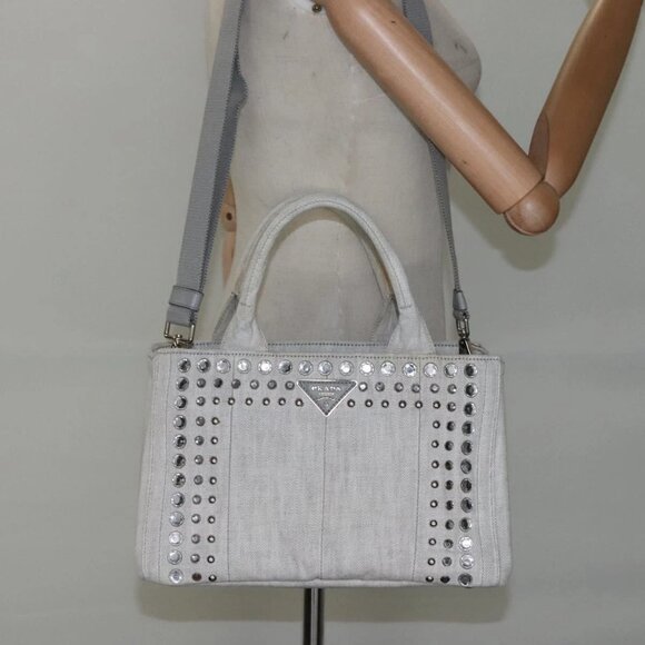 PRADA Bijoux Canapa Hand Bag Canvas 2way Gray Silver Auth KD142 - Picture 14 of 16